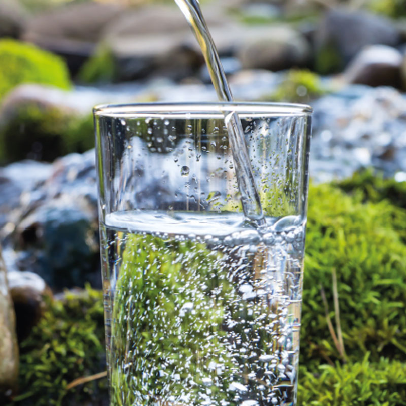 Glas Wasser steht auf Moos in der Natur. Dahinter ein Fluss.